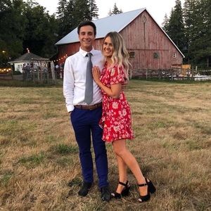 Red floral wrap dress